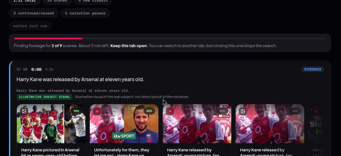 A progress bar reading: finding footage for 2 of 9 scenes, about 3 min left, keep this tab open. The first scene already has four results under it.